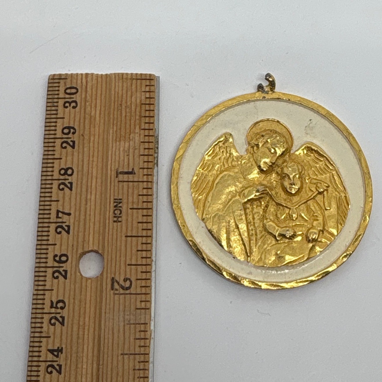 Vintage Angel Guardian Child Gold Tone Religious Medal Pendant Charm Heavy *read