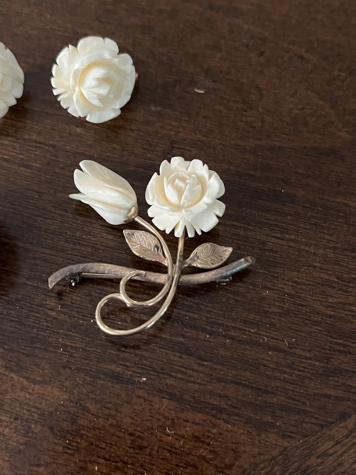 White Faux Ivory And Gold Rose Earrings And (2) Brooch Set