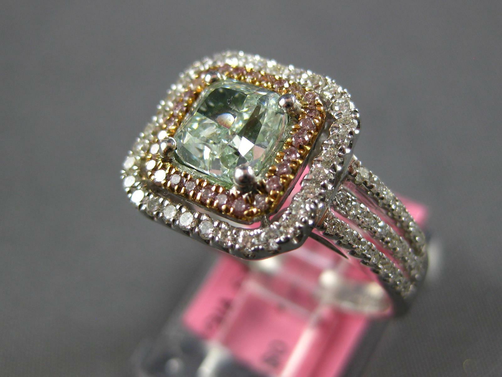 LARGE GIA 1.57CT WHITE PINK & GREEN DIAMOND 18K WHITE & ROSE GOLD 3D SQUARE RING