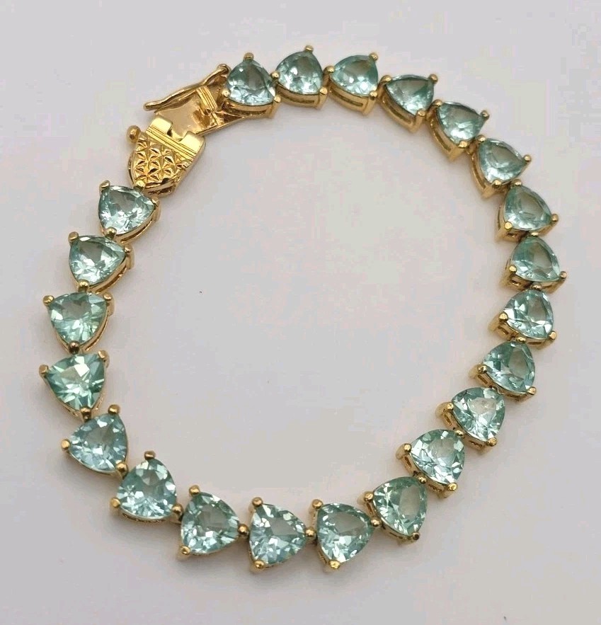 Aqua Blue Green Gold Vermeil Trillion Cut Faux Aquamarine Tennis Bracelet 6.75″