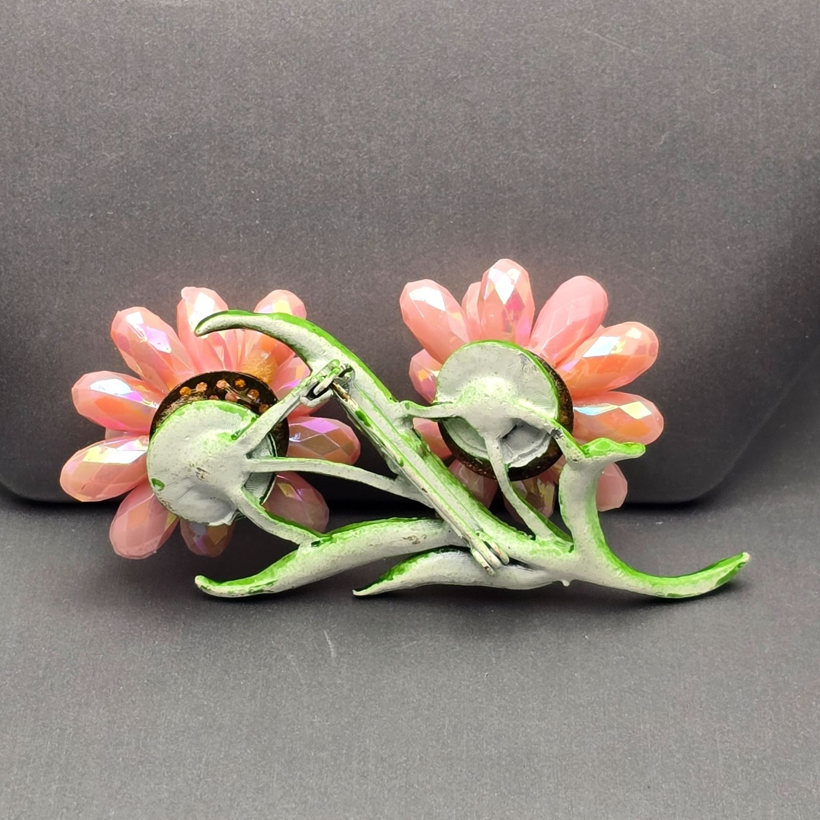 VTG AB Pink Resin Beaded Floral Brooch Green Leaf Double Flower Unsigned