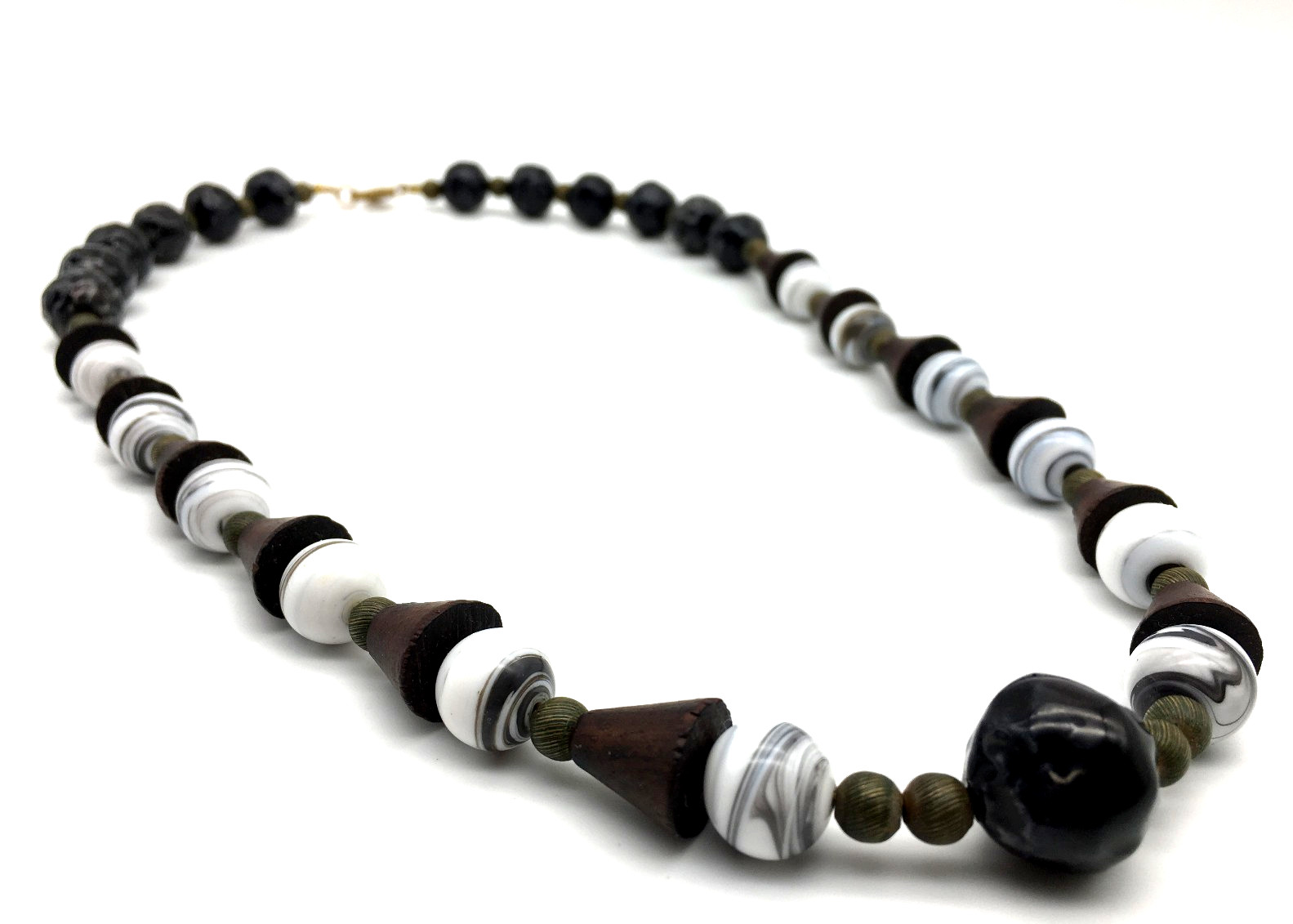 Miriam Haskell Signed Black Ceramic Cone Wood White Art Glass Beads 24″ Necklace
