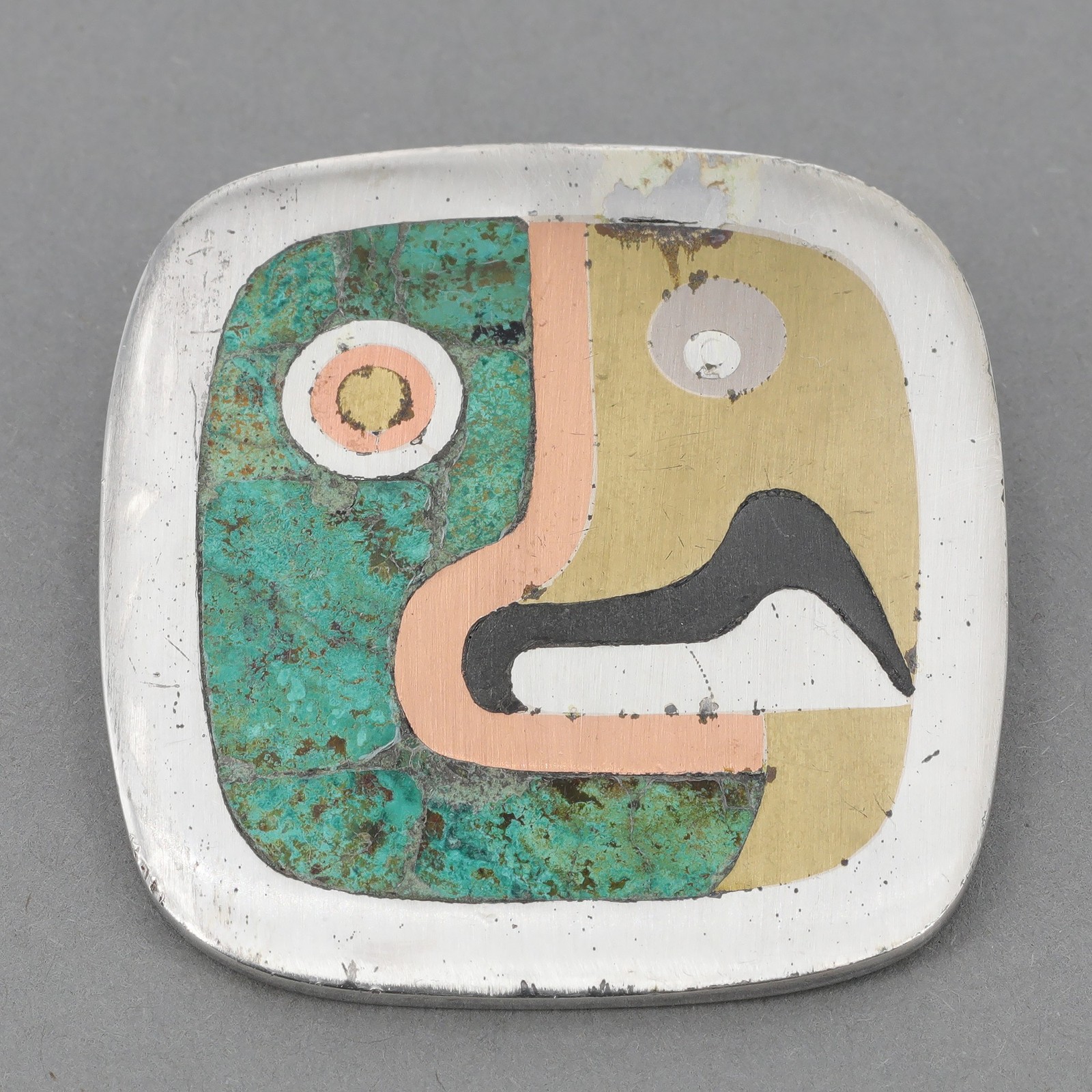 Vintage Mexican Mixed Metals Los Castillo Metales Chrysocolla Inlay Pin Pendant