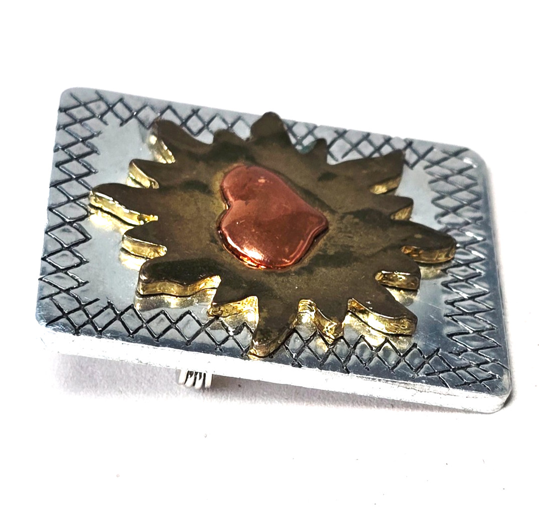 Vintage Handcrafted Sunburst Heart Brooch Mixed Metal Safety Bar Clasp