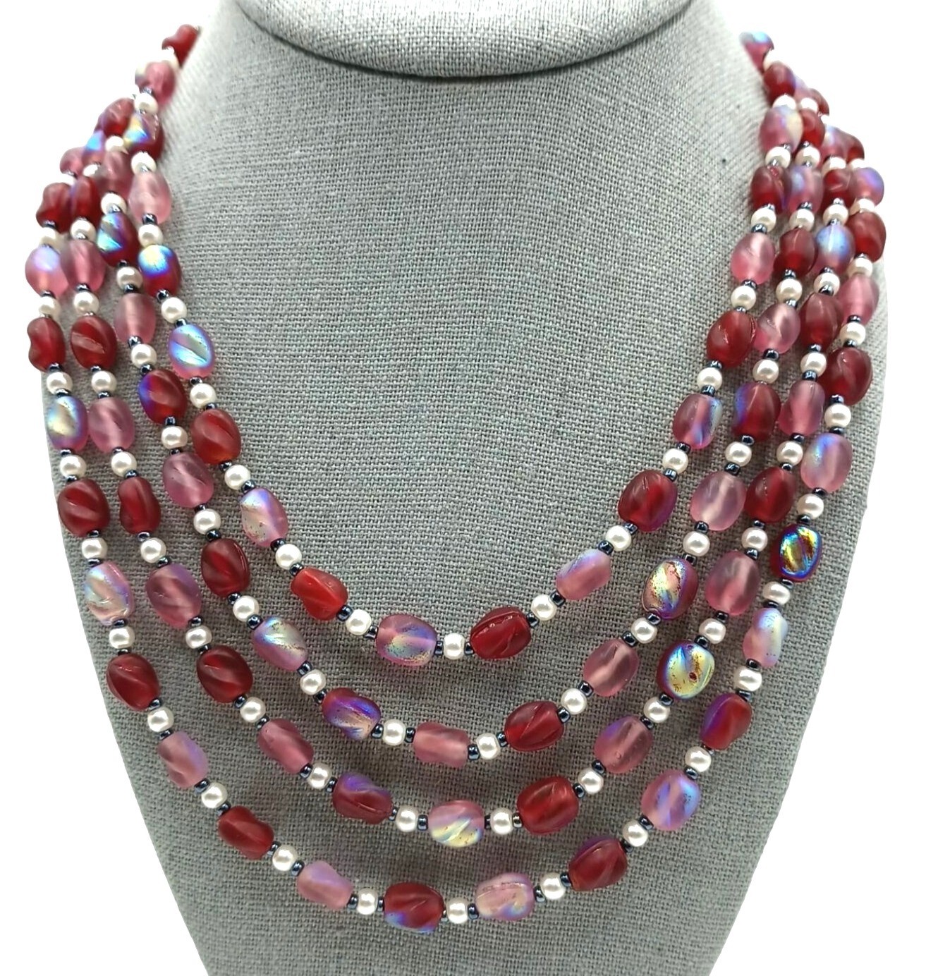 Vintage Glass Beaded Iridescent Necklace Pink Red Purple Four Strand Costume Jew