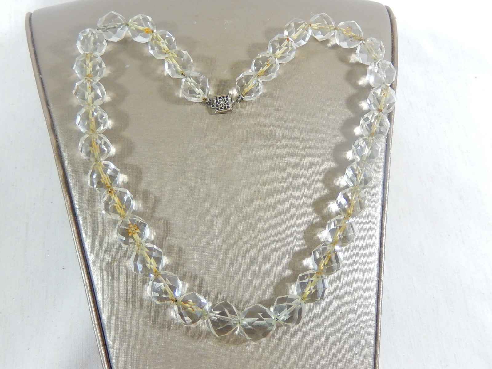 ANTIQUE ART DECO LARGE FACETED QUARTZ ROCK CRYSTAL BEAD STERLING 20″ NECKLACE