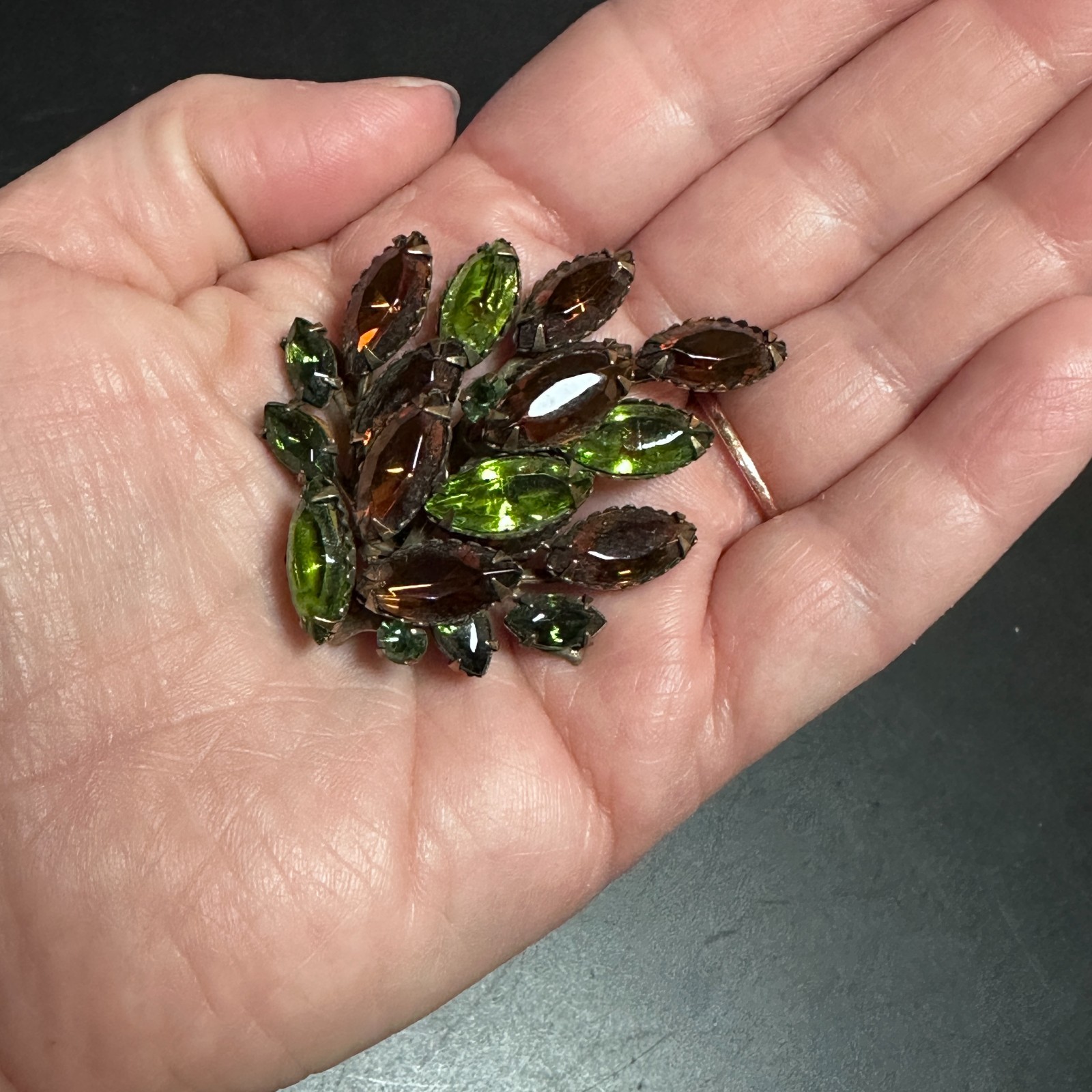 Vintage Rhinestone Brooch – Fall Colors Amber & Green Leaf 1940s
