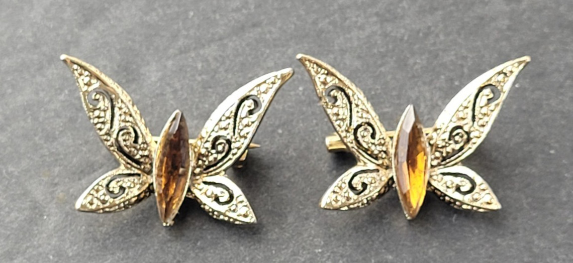 2 Small Gold Tone Butterfly Scatter Pins With Amber Brown Rhinestones 1″