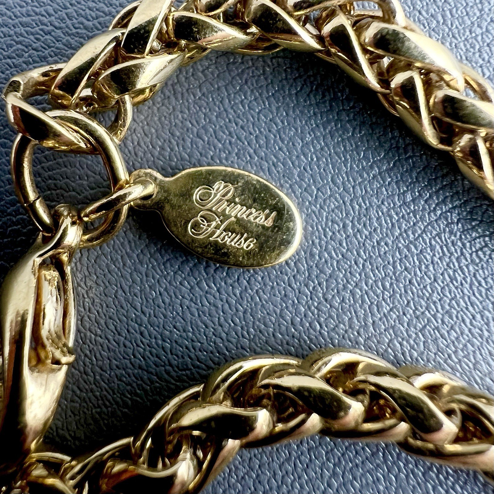 Vintage Princess House Necklace Glass Bezel Set Wheat Chain Gold Tone Signed 30”