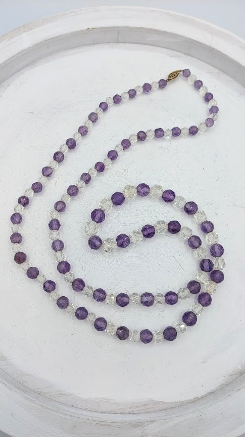 Vintage Amethyst Crystal Beaded Necklace Sterling Vermeil Clasp 32 Inch