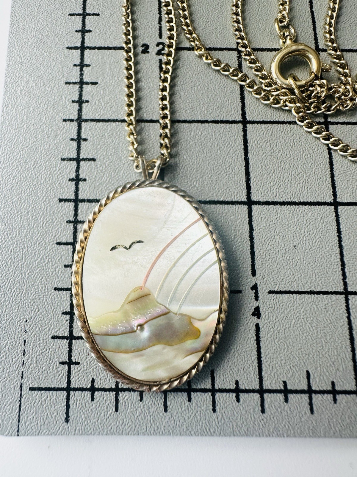 Vintage Mountain Landscape Rainbow Bird Abalone Inlay Pendant Necklace 20”