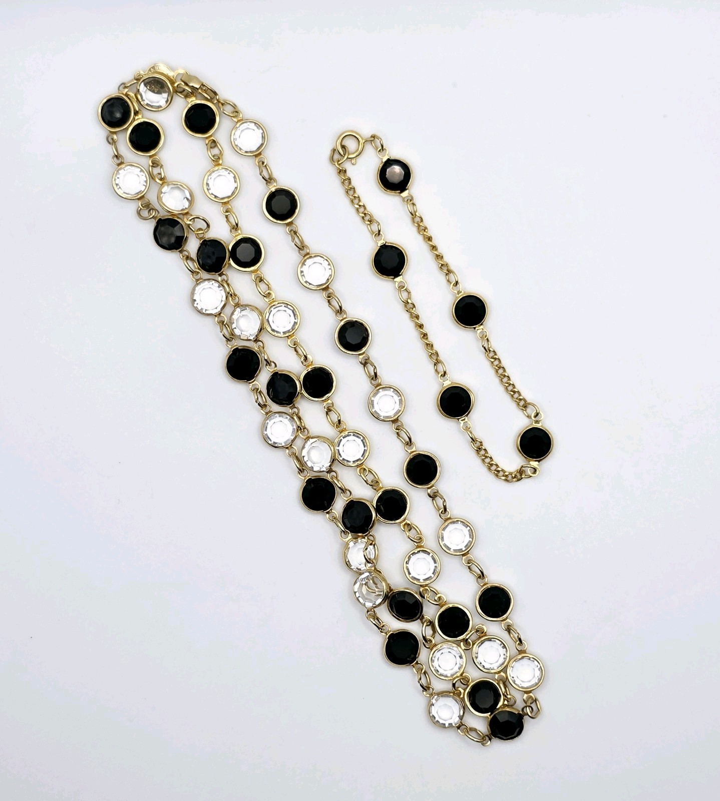 Vtg Austrian Crystal Bezel Station Necklace 30″ Bracelet Gold Tone Black Clear