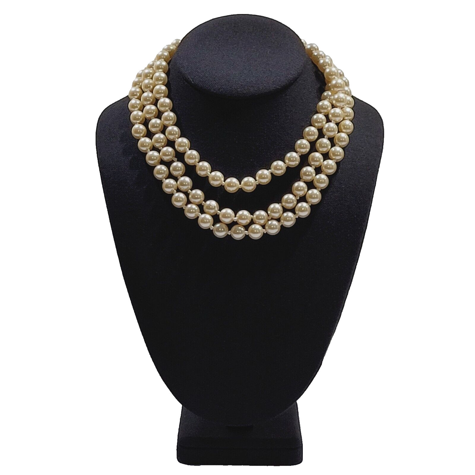 Triple Strand Off White Faux Pearl Knotted Necklace with Gold Tone Clasp 15 Inch