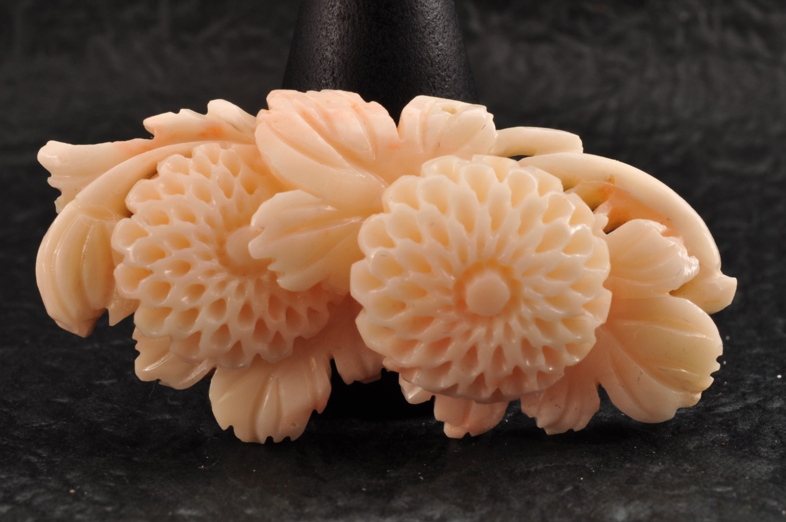 Vintage angel skin coral carved, “Chrysanthemum” and Certificate (total 83.0ct).