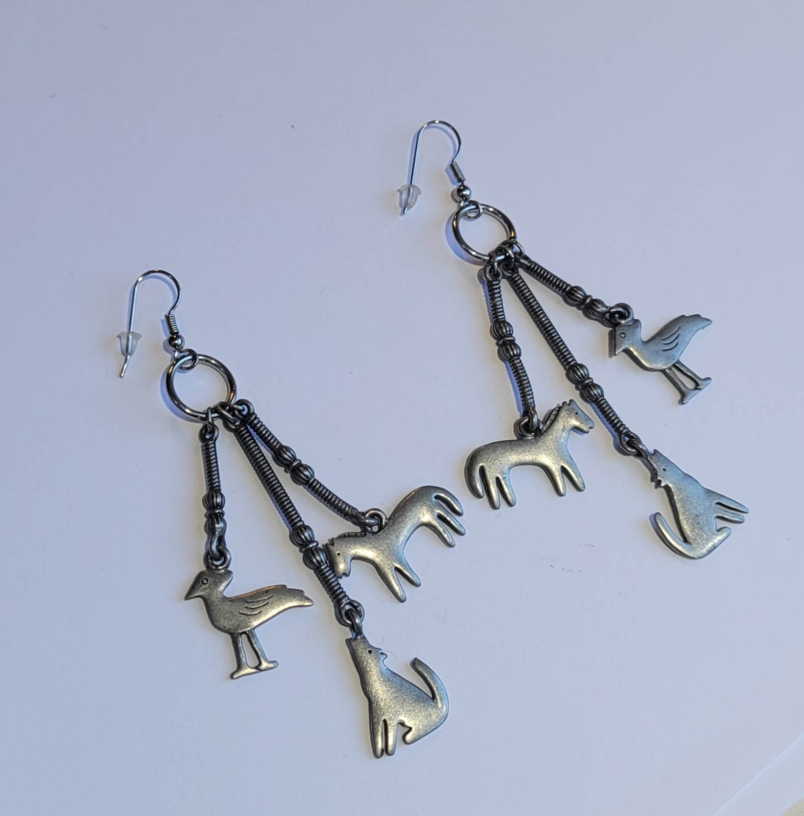 Southwestern Pewter Dangle Earrings Roadrunner Horse Coyote Or Wolf Vintage