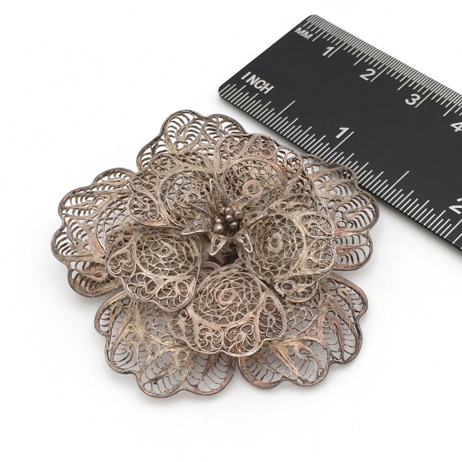 11.8g Vintage Sterling Silver Filigree Flower Pin Brooch Marked CMS Mex 925 #68