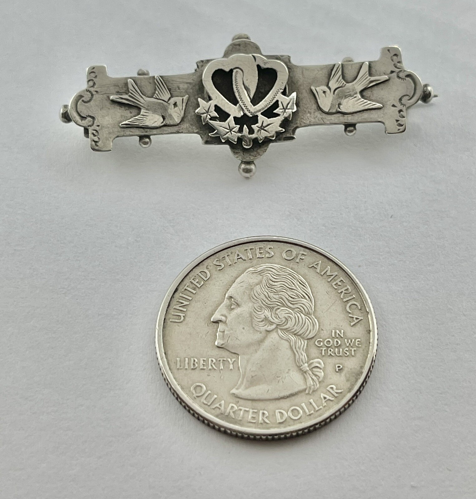 Victorian Sweetheart Love Birds & Entwined Hearts Sterling Hallmarked Brooch