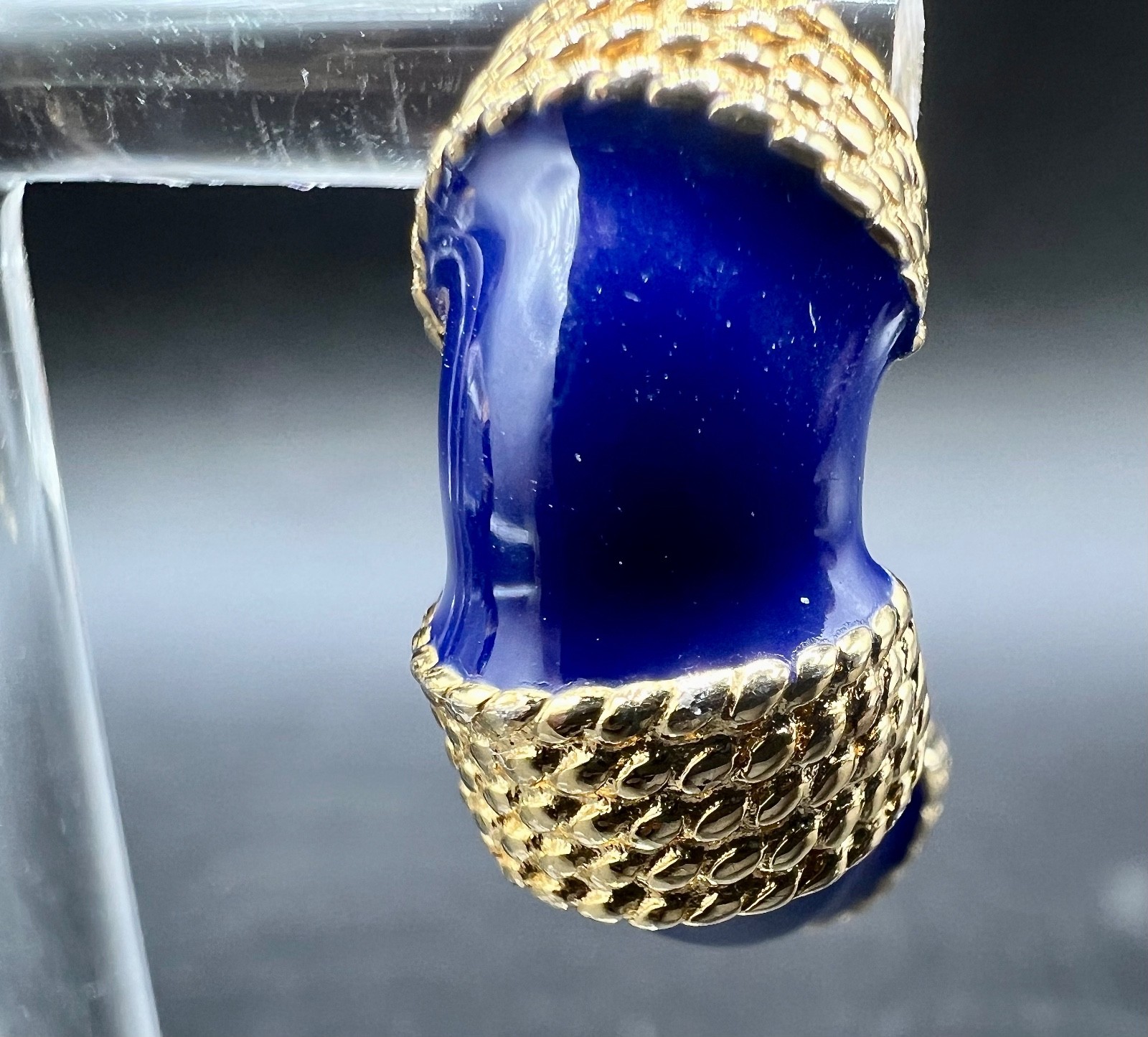 Vtg Gay Boyer Cobalt Blue Enamel J Hoop Earrings Gold Tone Rope Signed Statement