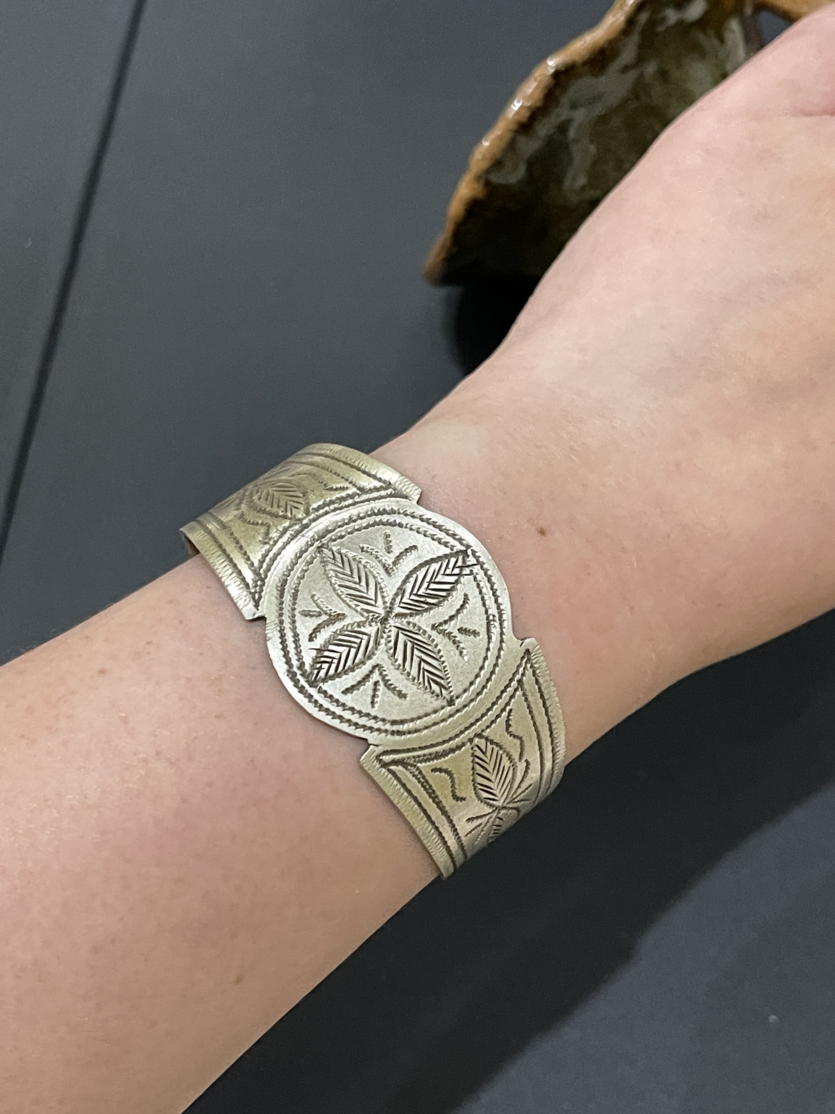 Vintage Middle Eastern Handmade Sterling Silver Hand Cuff Bracelet Morocco
