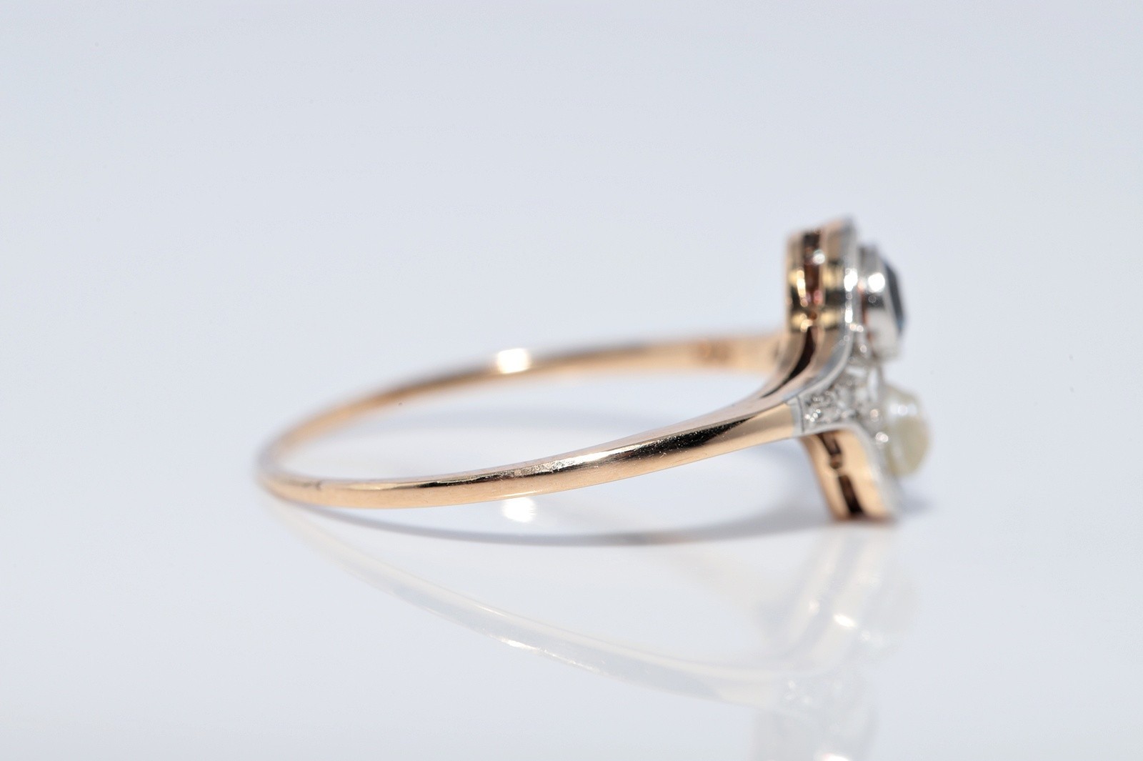 Antique Circa 1920s 14k Gold Natural Rose Cut Diamond And Sapphire Pearl Ring