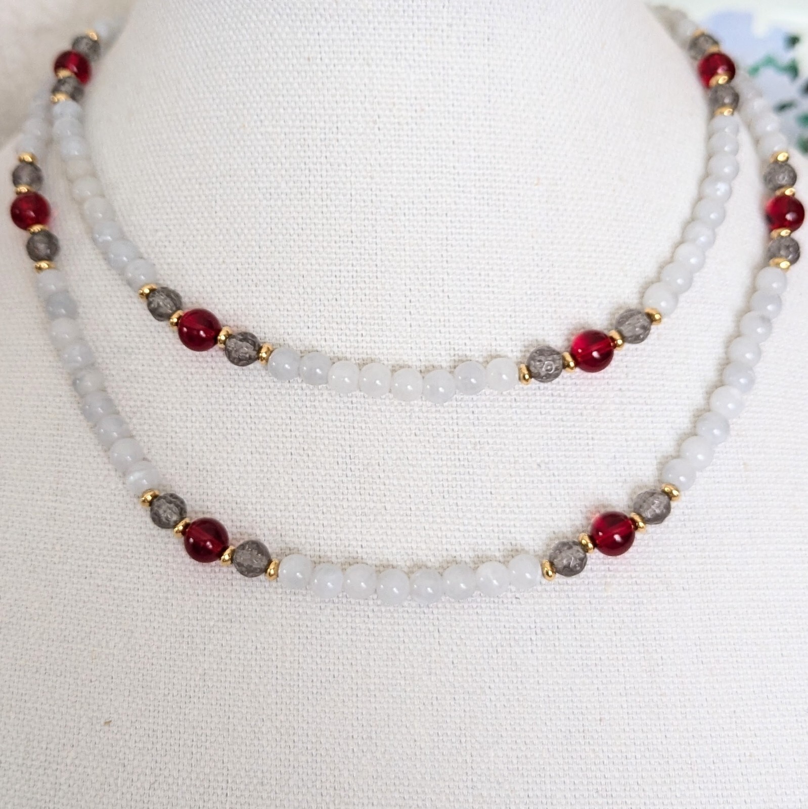 Monet Red White Beaded Rope Necklace Signed Vintage Jewelry 34”