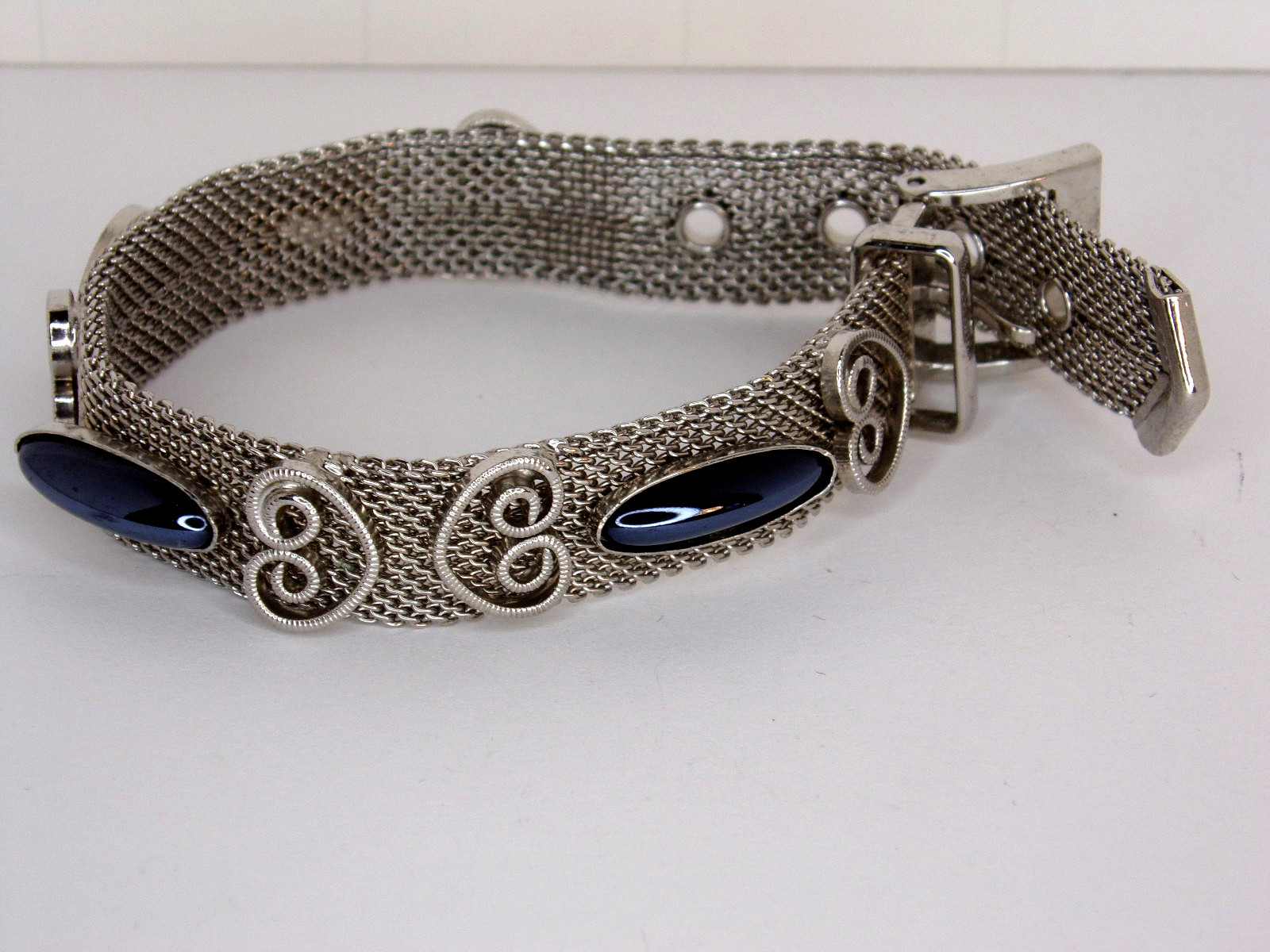 Vintage Mesh Silver Tone Belt Buckle Bracelet with Black Glass Stones, Jewelry