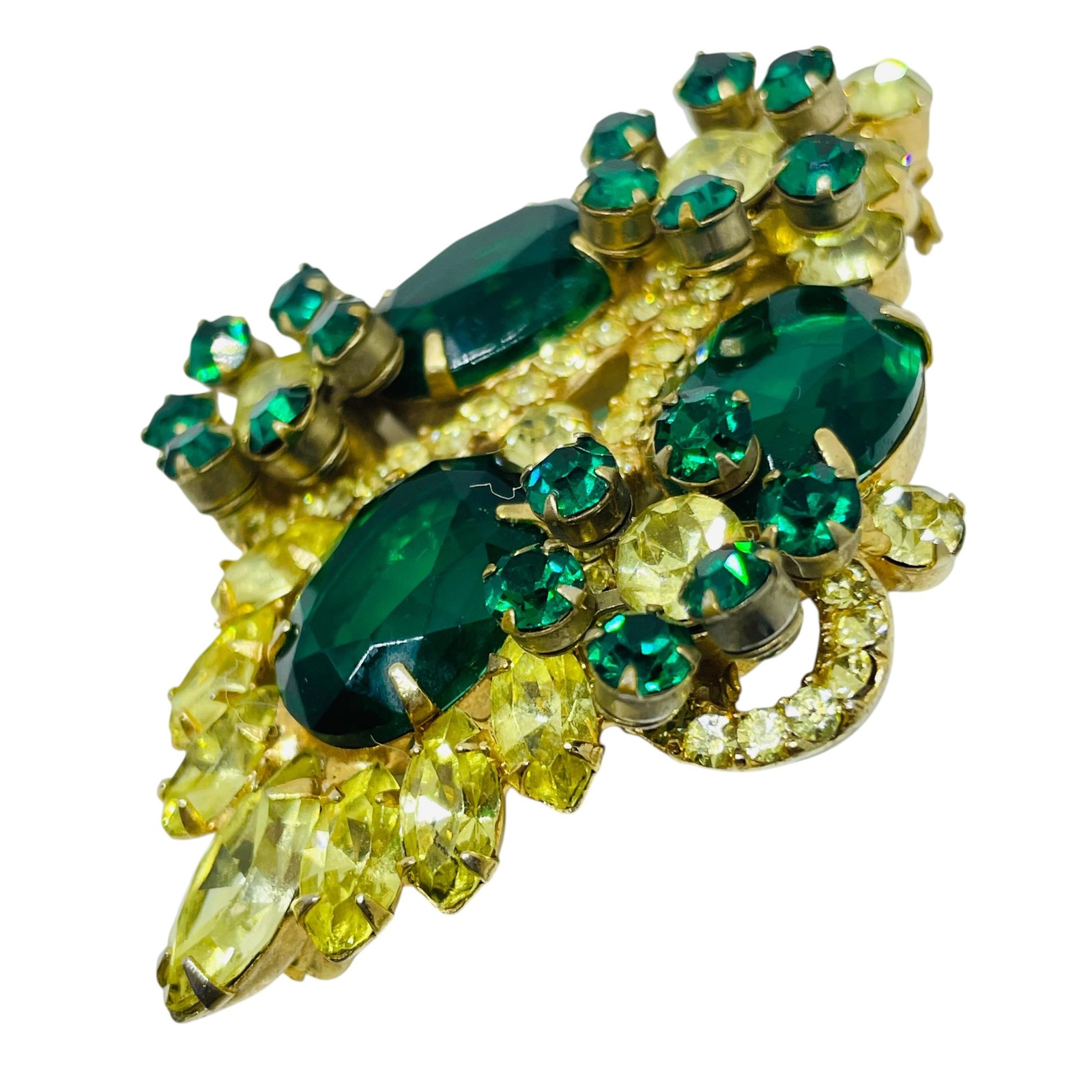 Vintage gold tone emerald green rhinestones flowers designer brooch earrings set