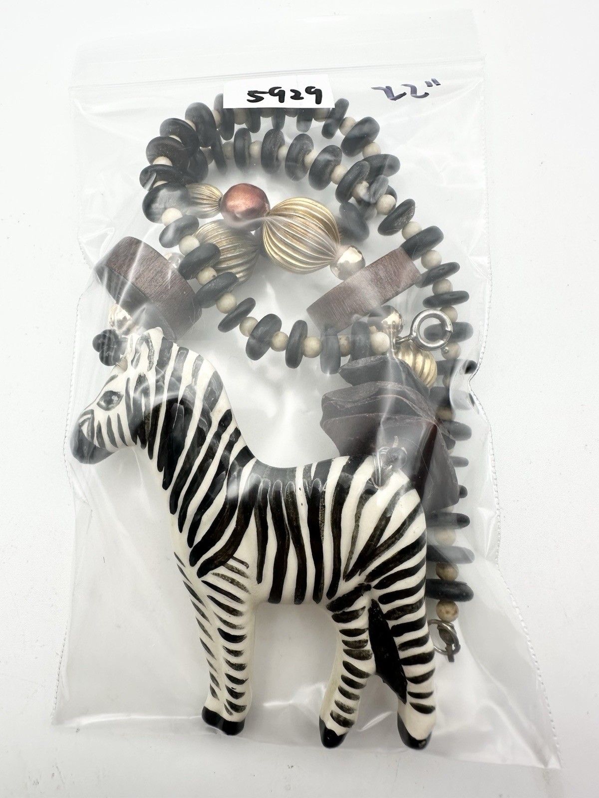 Vintage Ceramic Zebra Wood Bead Necklace 22”