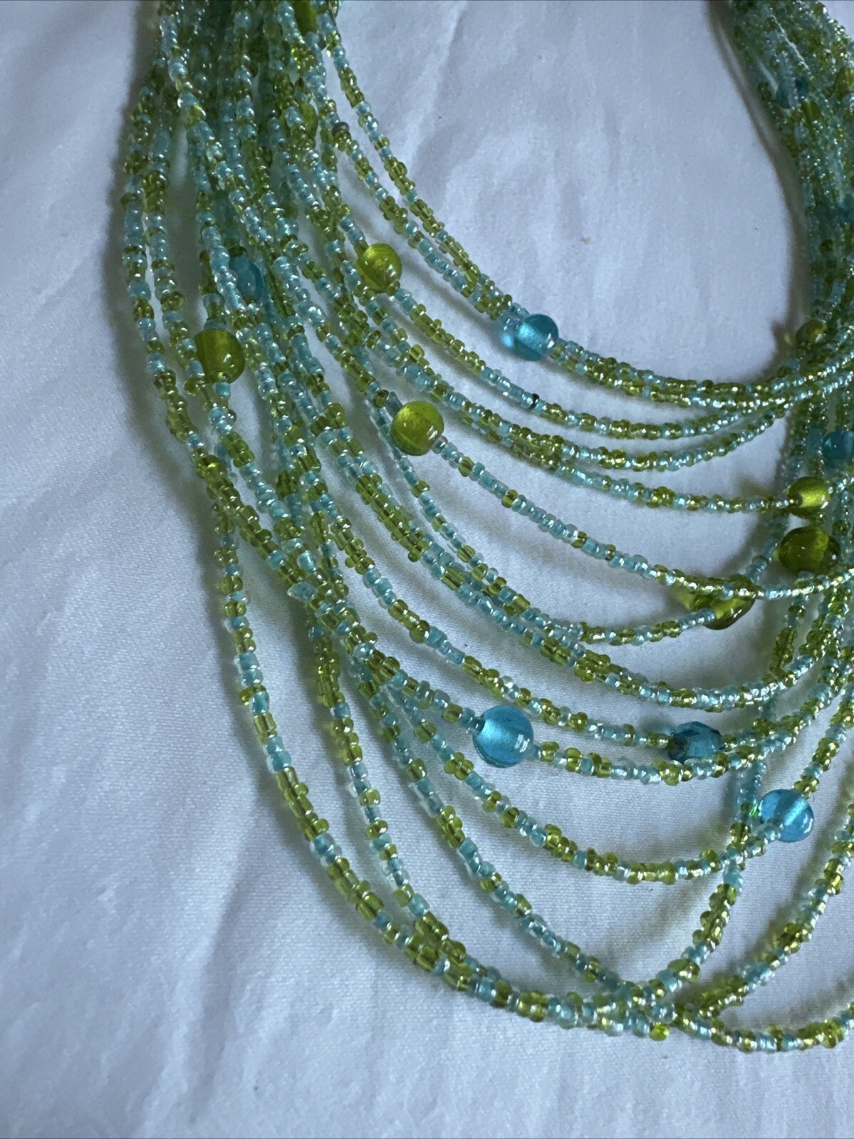 Vintage Seed Bead Multi Strand Wrap Statement Necklace Green, Blue, 22