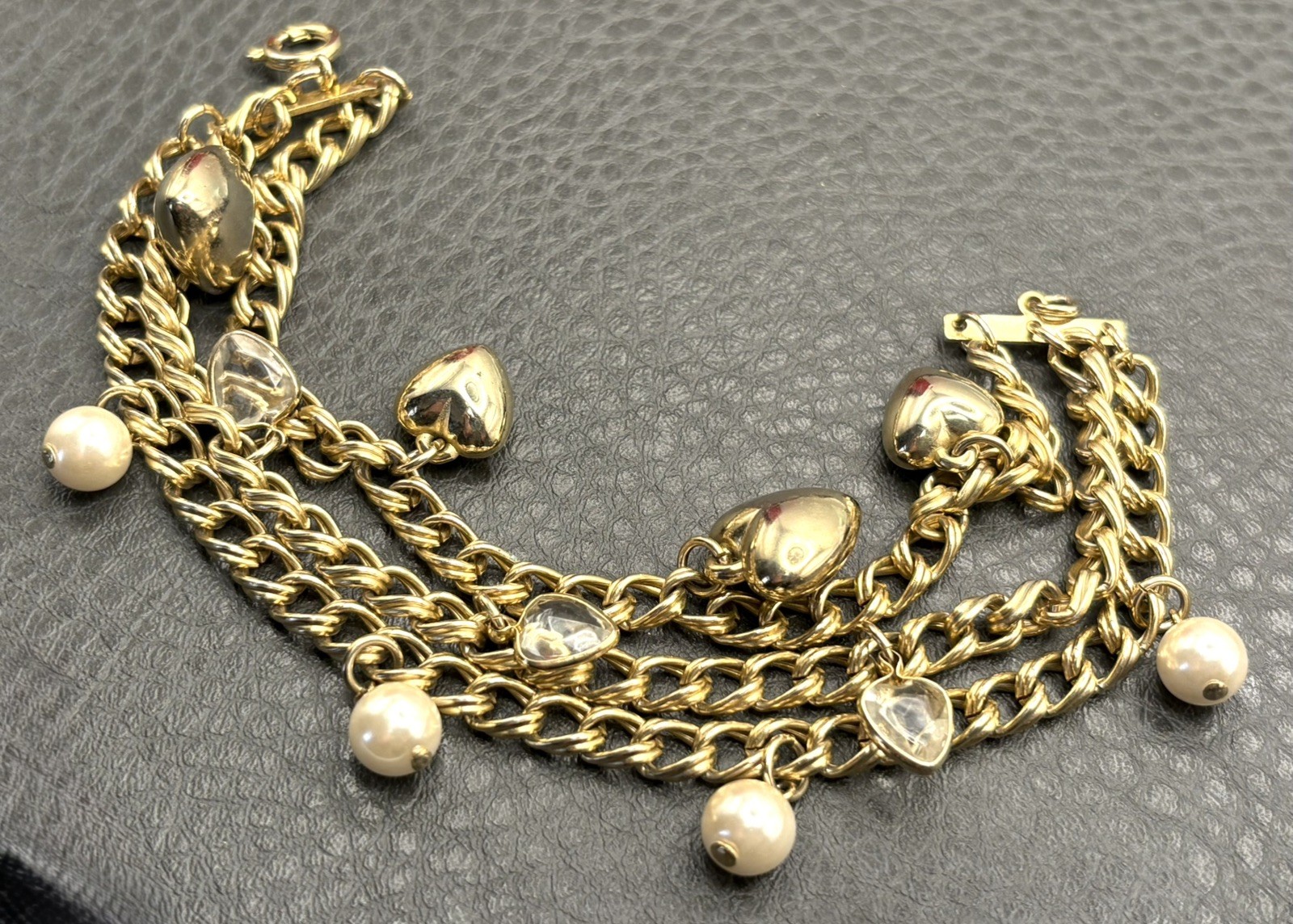 Puffy Heart Faux Pearl Station 3 Chain Link Charm Bracelet Spring Ring Closure