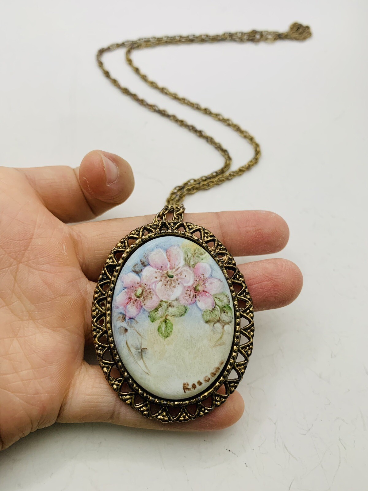 Vintage Cottagecore Hand Painted Pink Flower Nature Scene Artist Signed Necklace