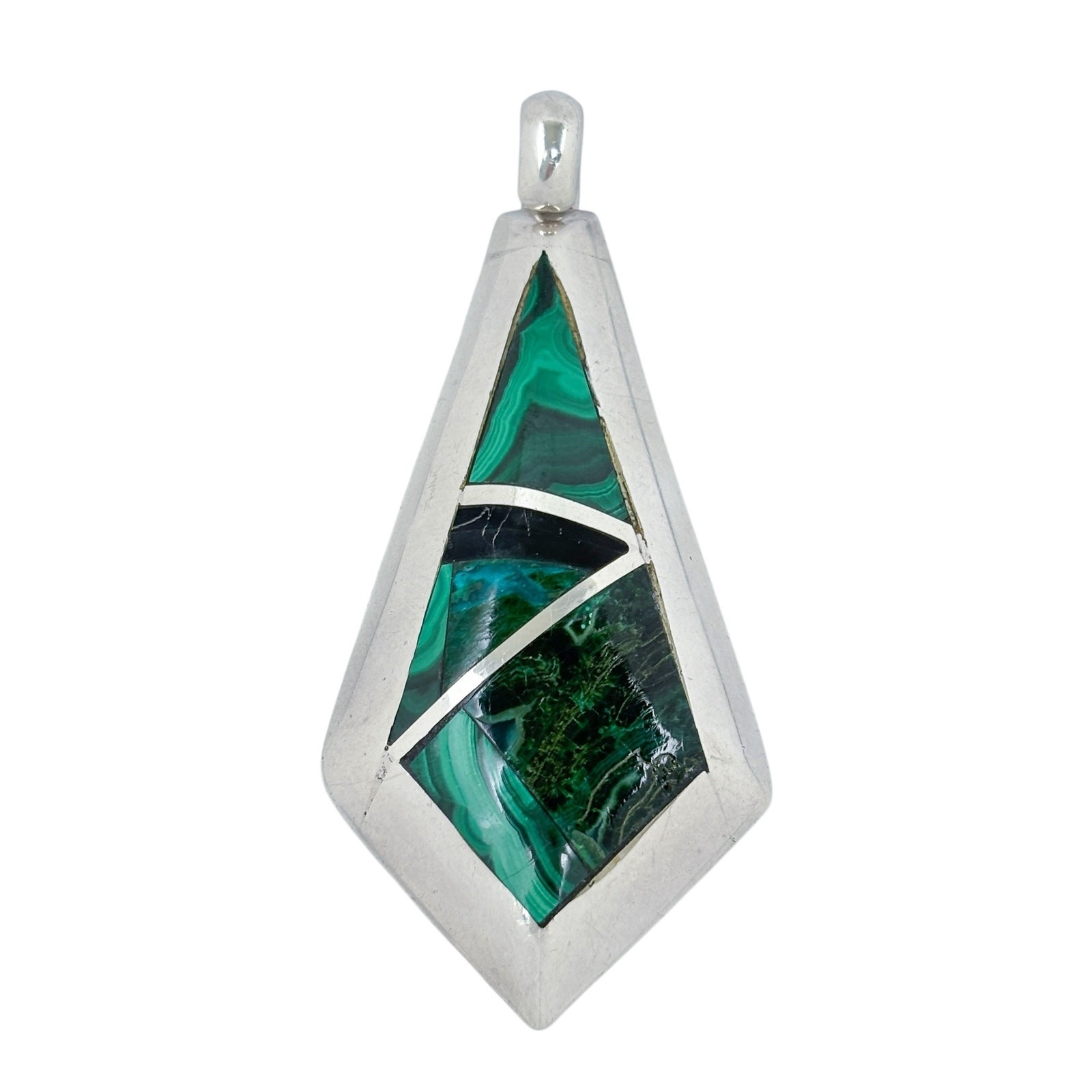 Vintage Buffalo Hallmark Sterling Silver Malachite Inlay Diamond Shape Pendant