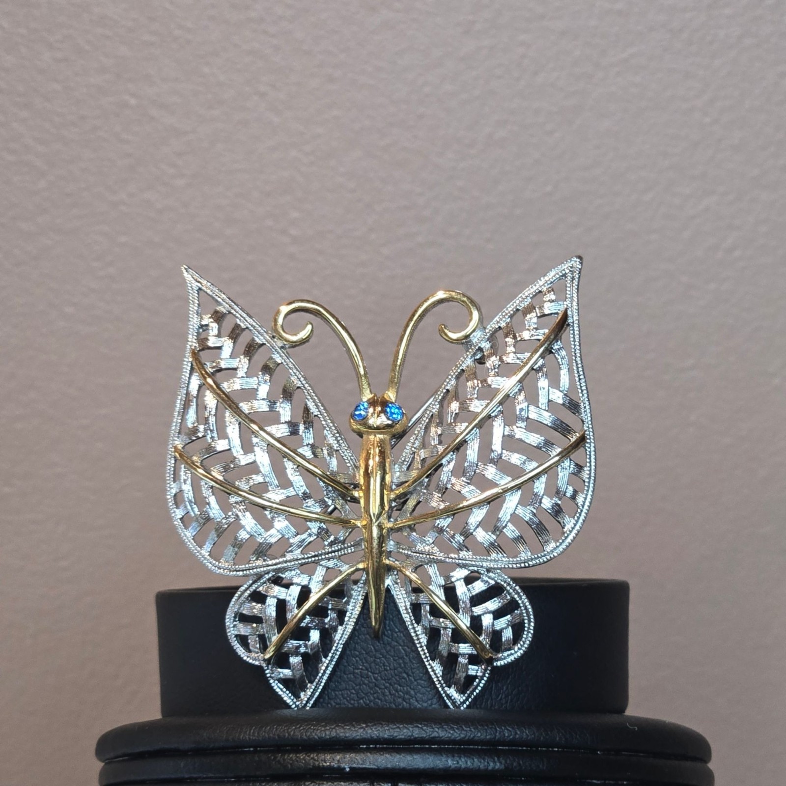 Vintage Avon Butterfly Brooch Silver Gold Tone Filigree Blue crystal Rhinestones