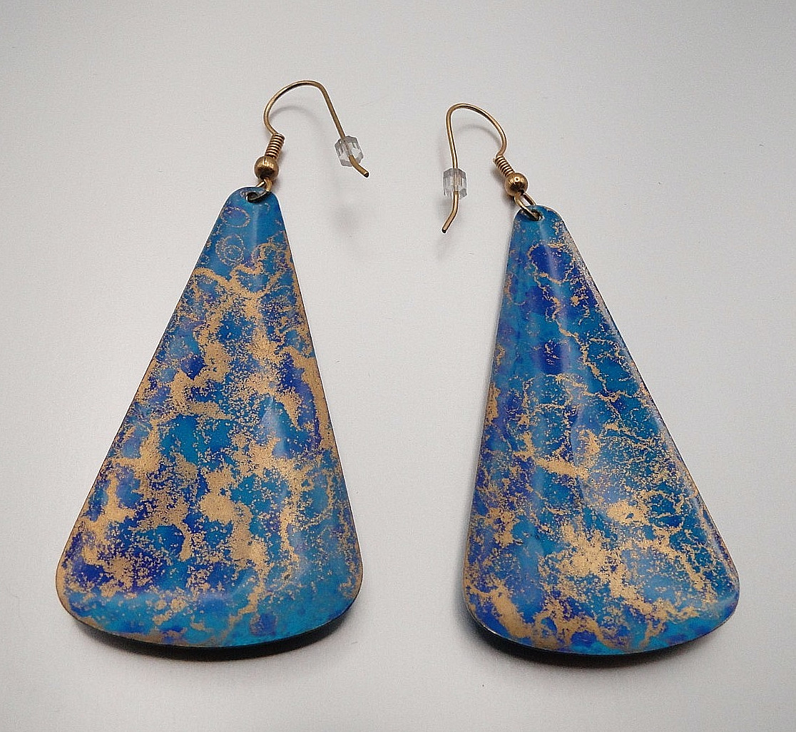 NEW “Illustrated Light” Teal & Aqua Abstract on Copper Patina Teardrop Earrings