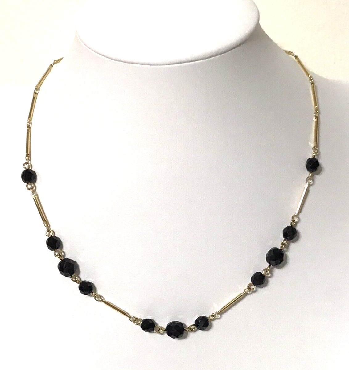 Olci Signed Gold Tone Bar Link Faceted Black Beaded Station Necklace 17″ Estate