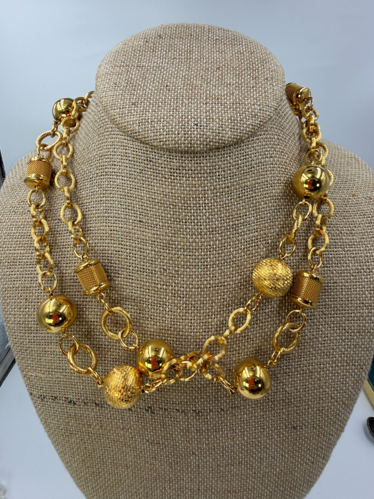 Vintage Necklace Monet Barrel Bead Goldtone Link Statement Chunky 36 in
