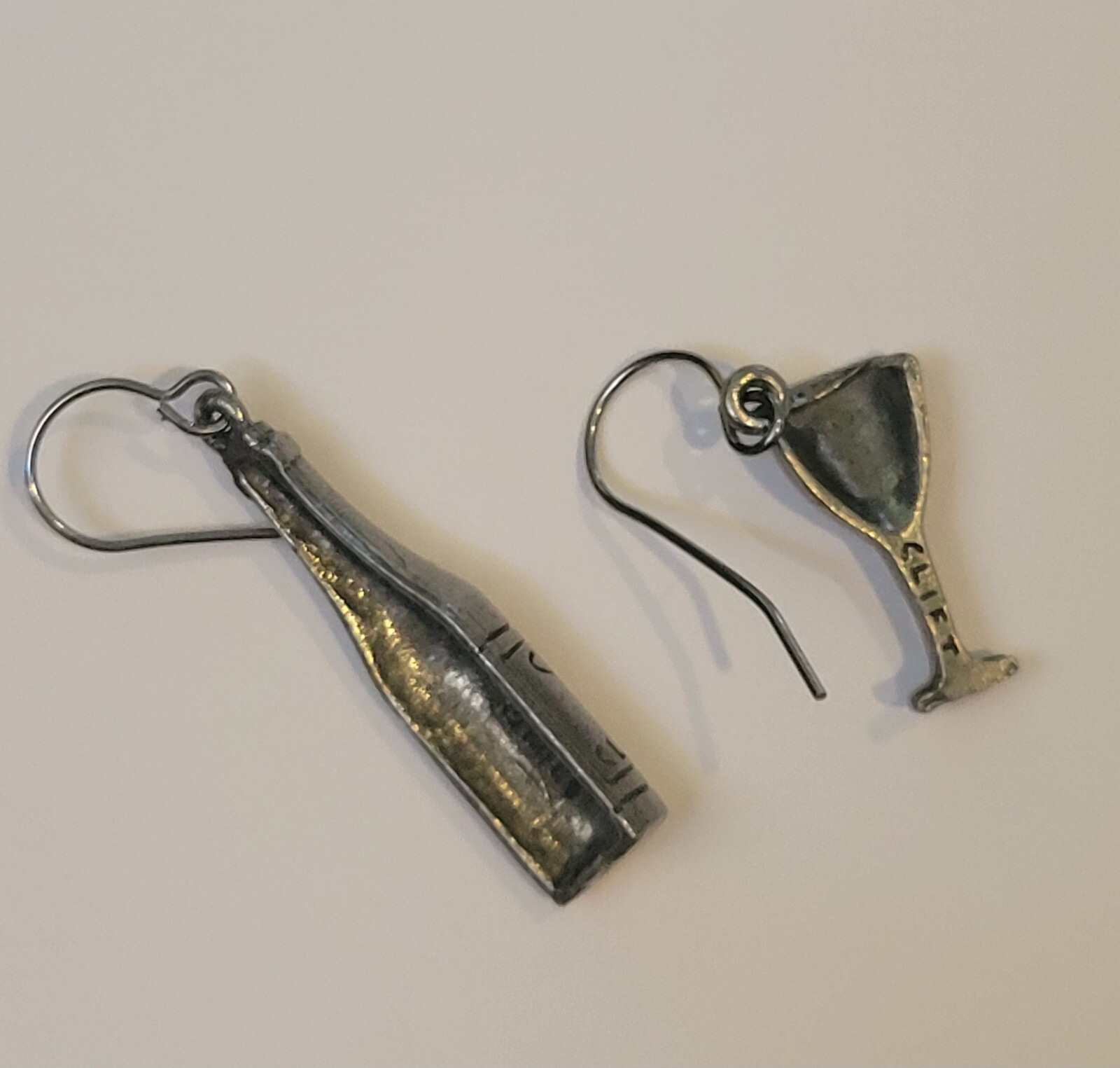 Jim Clift Pewter Wine Bottle Glass Goblet Charm Pierced Earrings Signed Vintage