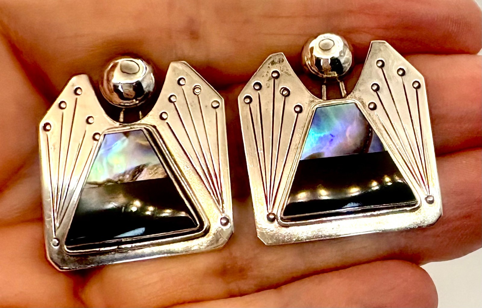 Sterling Silver 925 Black Onyx Abalone MOP Shell Angel Figure Vintage Earrings