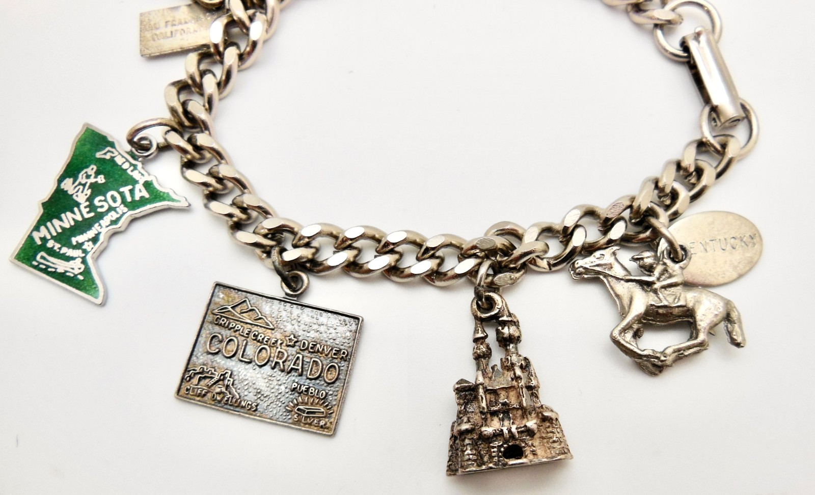 Vintage Sterling Silver State Travel Souvenir Charms 6.5″ Bracelet 28g