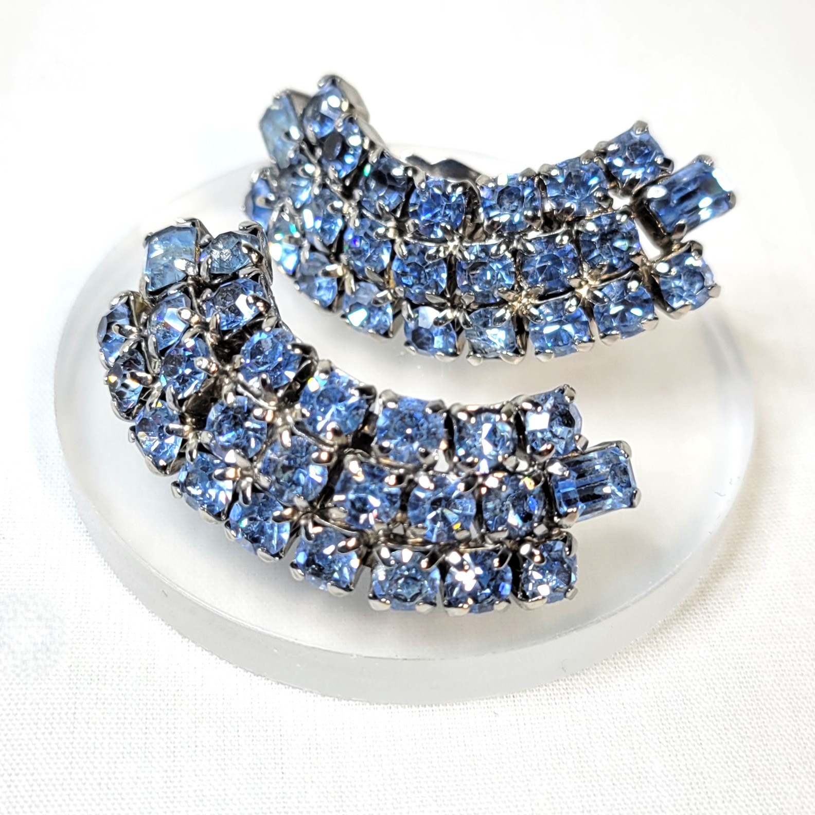Vtg Clip On Earrings Lot 3 Pair Rhinestone Bead Blue Mid Century Heirloom Retro