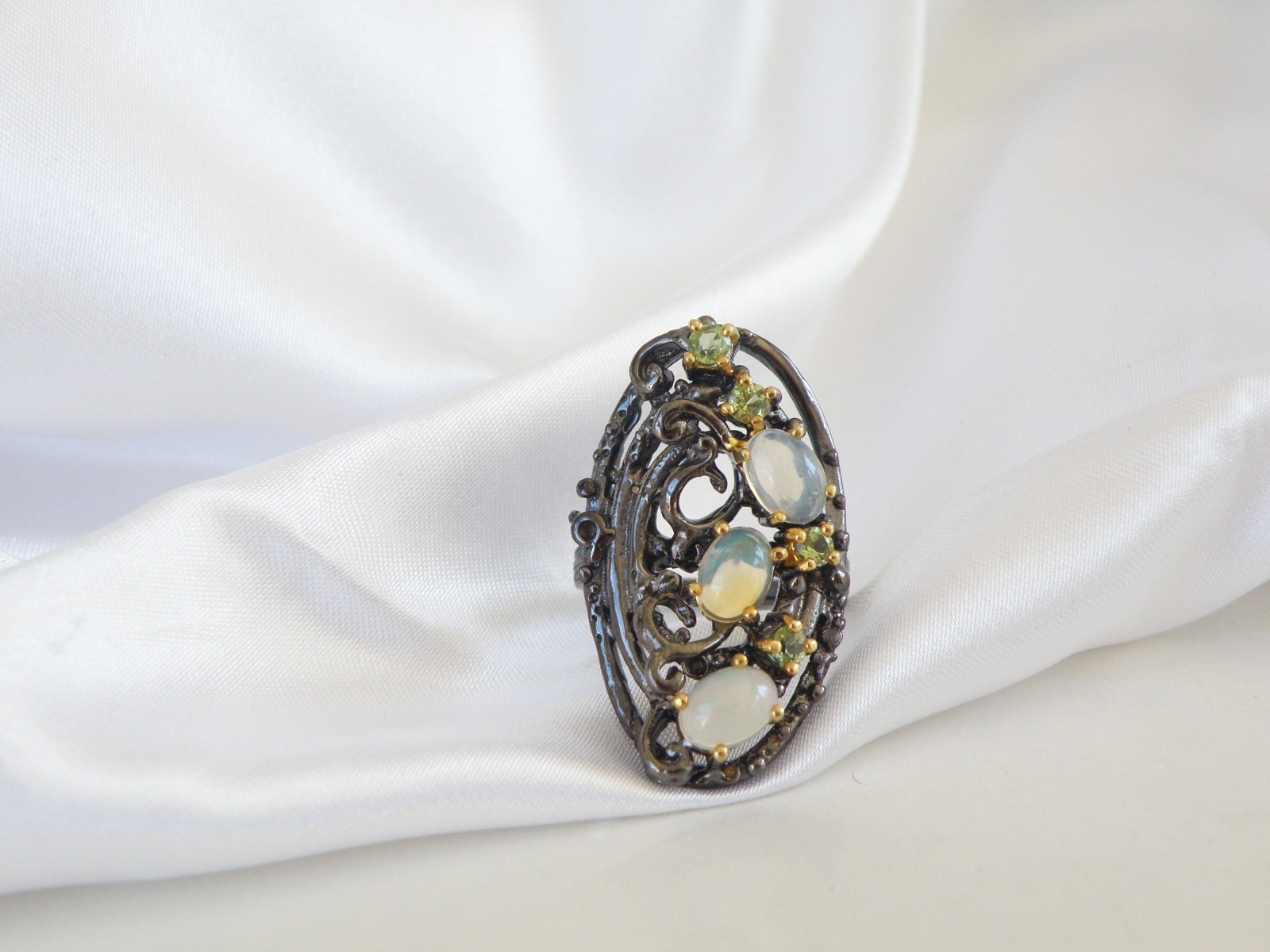 Brutalist Sterling Silver 925 Ethiopian Opal Peridot Modernist Ring Size 8