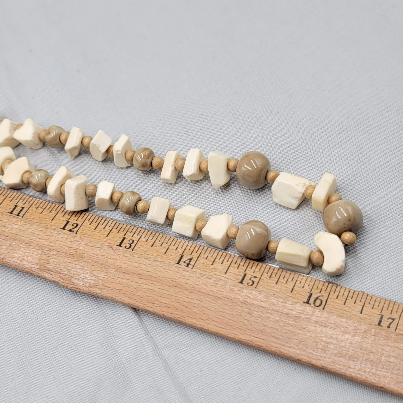 Vintage Bead Necklace Wood Ceramic Cow Bone Long 32″