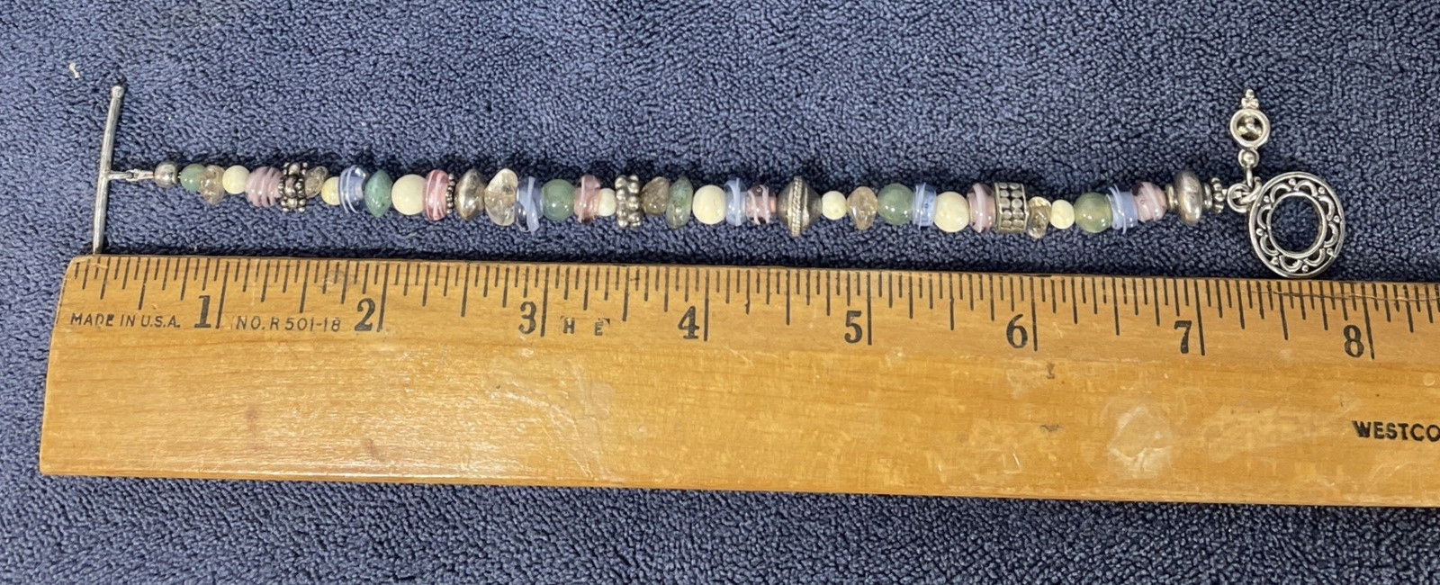Vintage Sterling Silver Pastel Colors Beaded Bracelet Southwest Toggle Clasp 8″