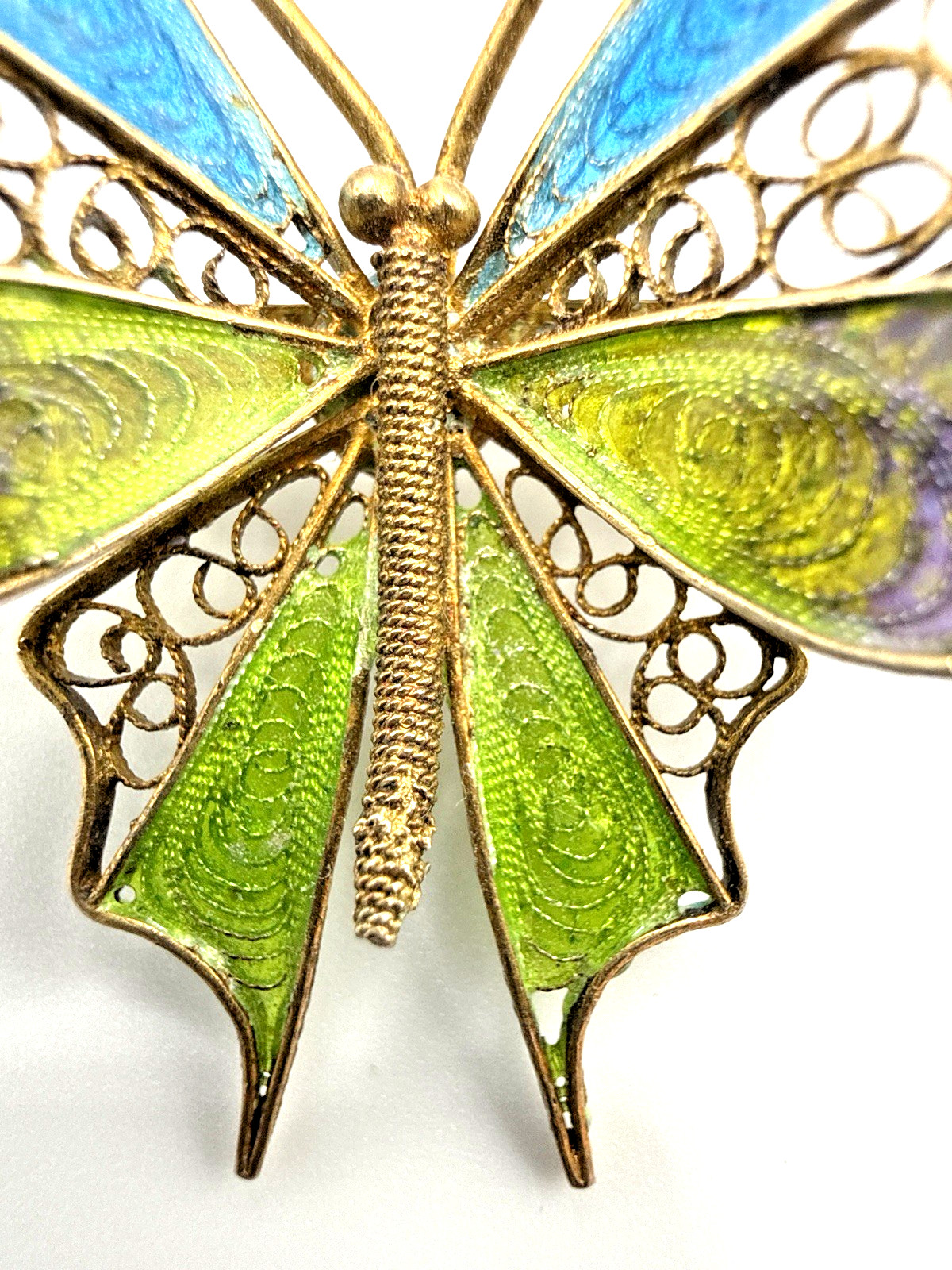 Antique 800 Silver Filigree Enamel Butterfly Brooch Blue Green Purple Pin