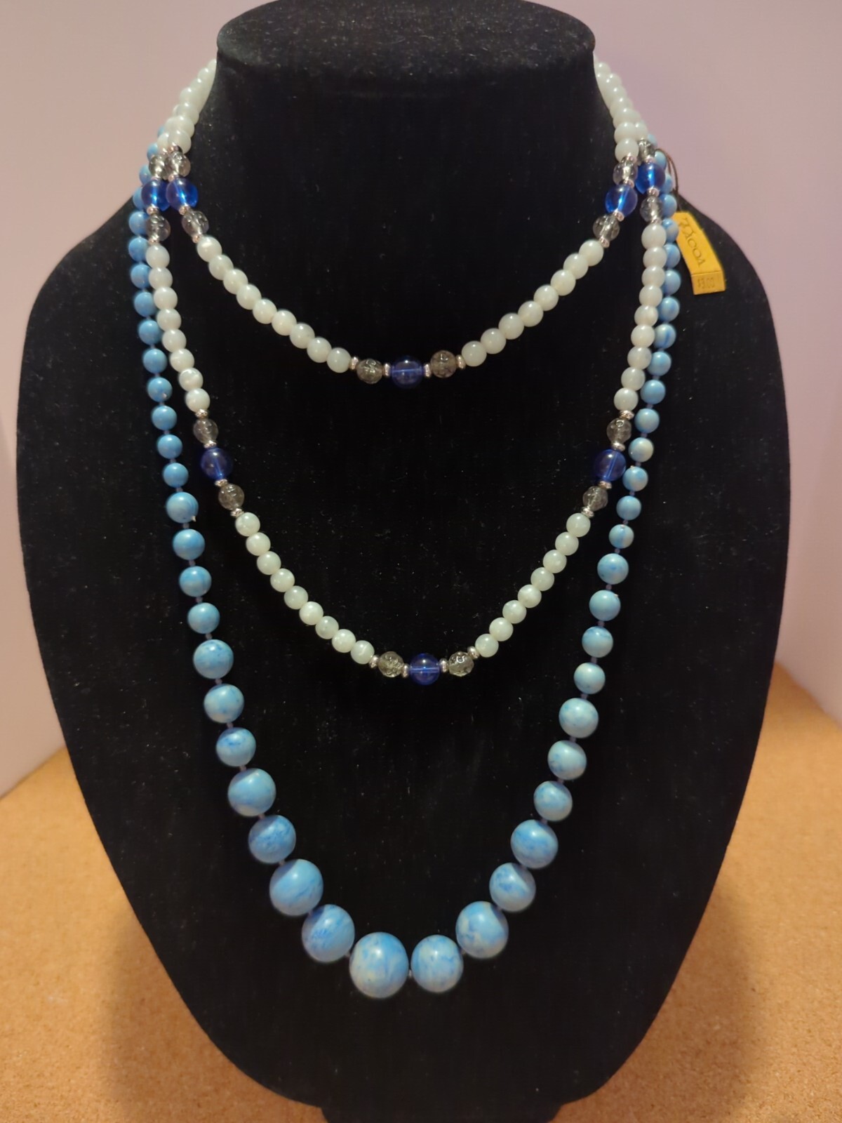 2 Vintage Beaded Necklaces Tacoa NWT Graduated Blue & Monet Plastic White & Blue