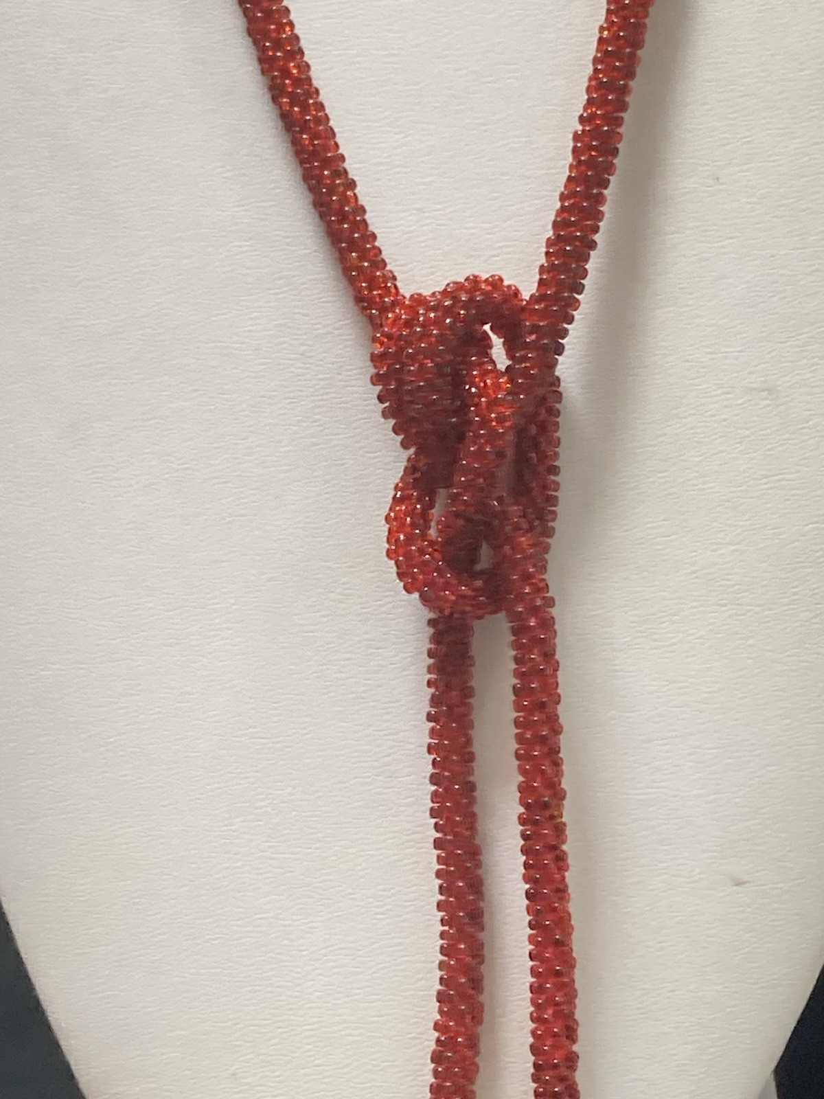Vintage Lariat Necklace Flapper Red Beaded Tassel 45” Soft Lightweight Easy