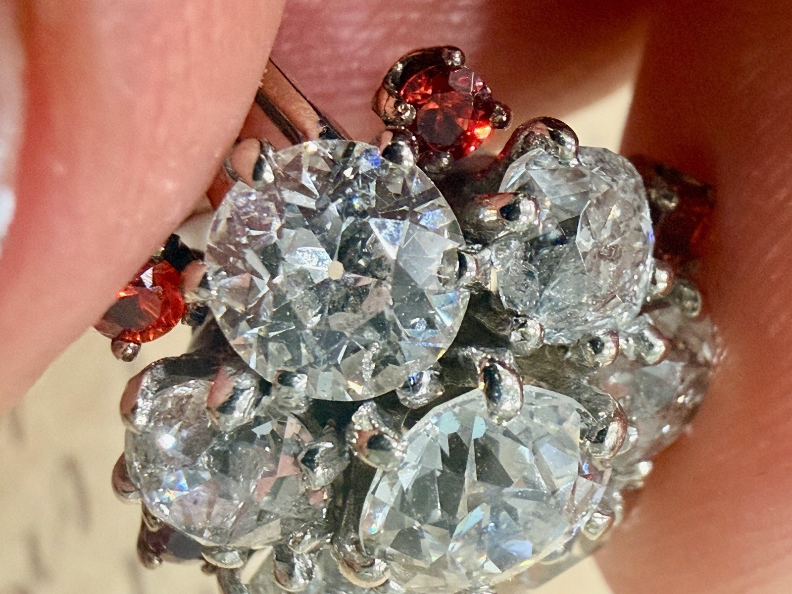 Rare Edwardian 4.43ct Old European Mine Cut Diamond Orange Sapphire Cluster Ring