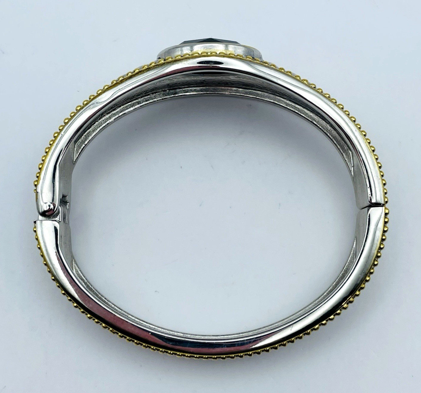 Vintage Silver and Gold Tone Hinged Bangle Bracelet Black Faceted Acrylic Stone