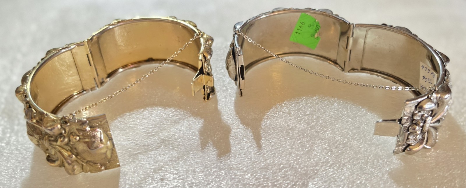 Vintage signed Vargas Whiting & Davis High Relief Hinged Cuff Bracelets