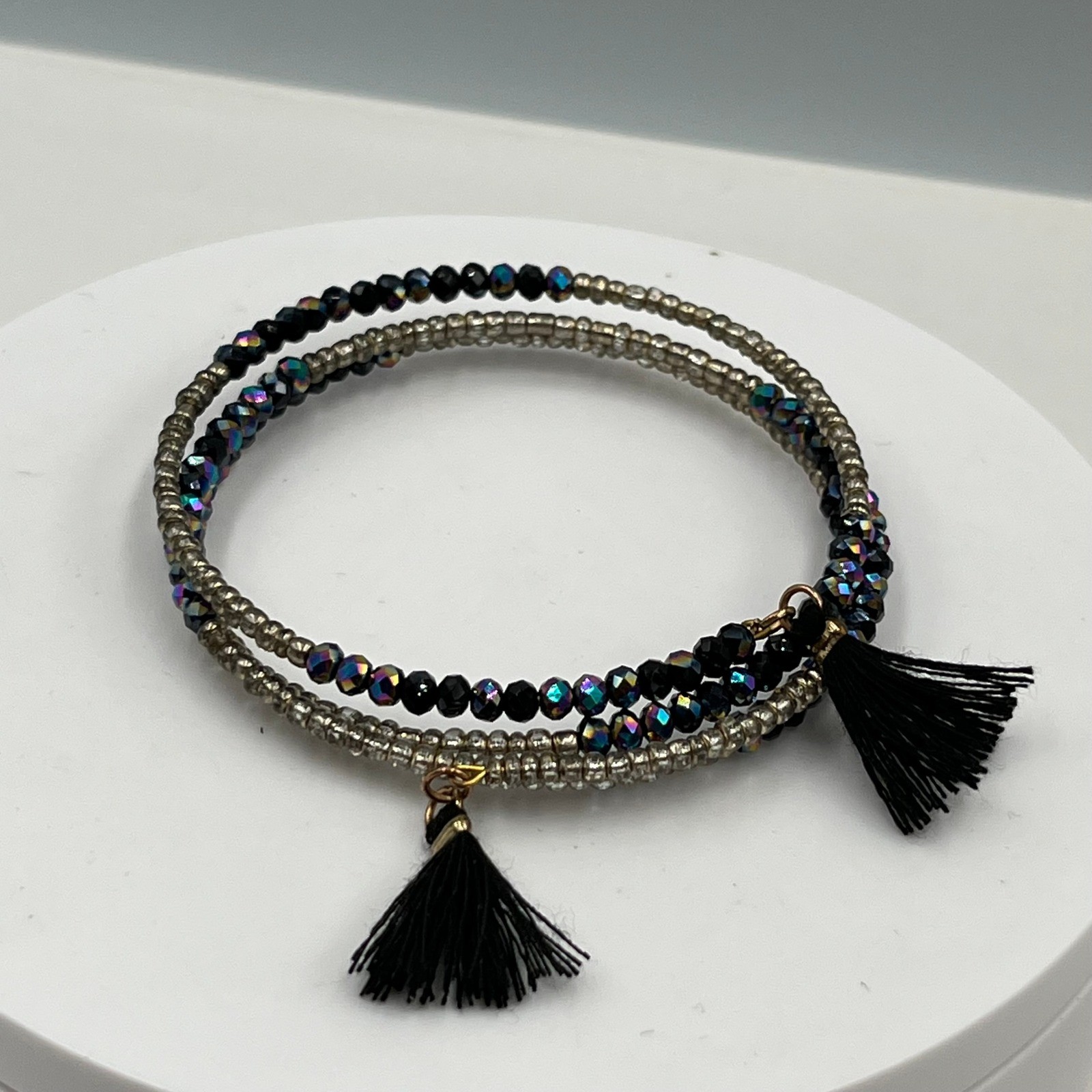 Vintage Black Iridescent Seed Bead Wrap Bracelet Silver Tone Tassel Multi-Strand